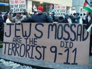 Sign held by protesters saying Jews are the Terrorist behind 9-11